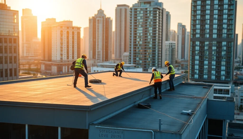 Highlighting commercial roofing services performed by professional roofers on a modern building.