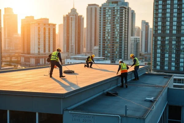 Highlighting commercial roofing services performed by professional roofers on a modern building.
