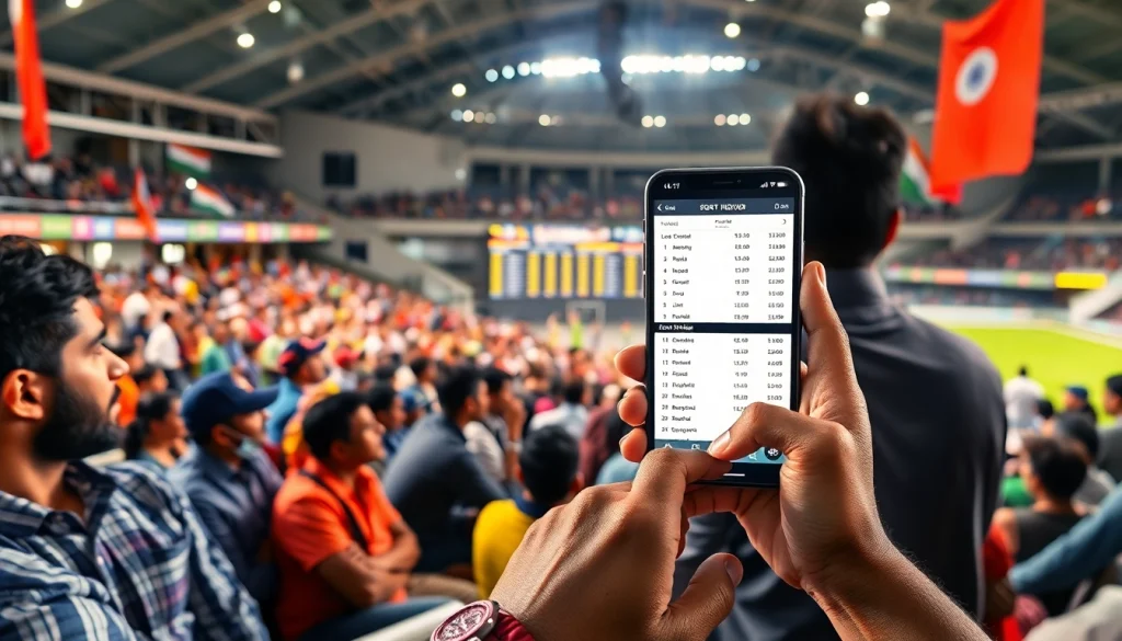 Engage in sports betting in India with live spectators and betting interfaces showcased.