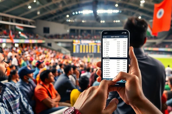 Engage in sports betting in India with live spectators and betting interfaces showcased.