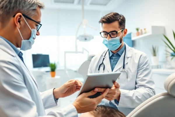 Dentist examining a patient in a modern dental clinic with advanced technology.