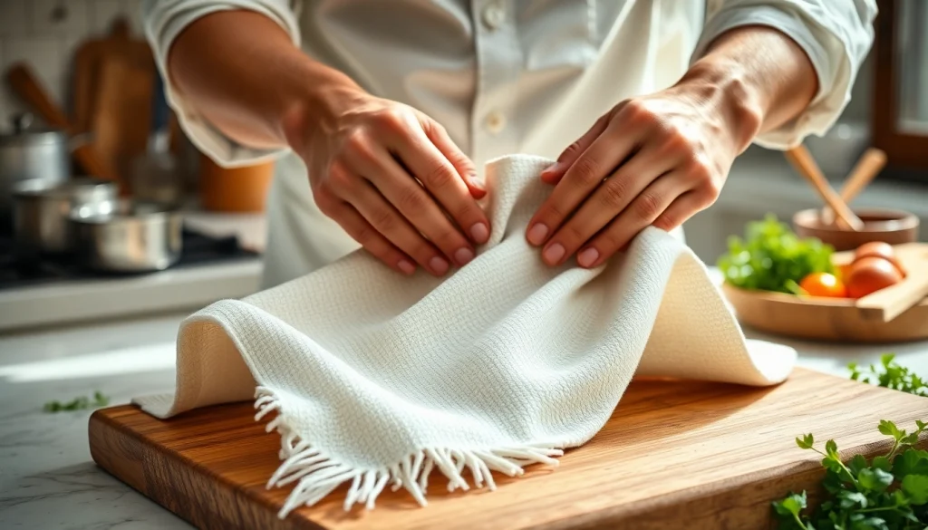 Gebruik van een kaasdoek met vers ingrediënten in een sfeervolle keuken.
