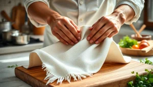 Gebruik van een kaasdoek met vers ingrediënten in een sfeervolle keuken.