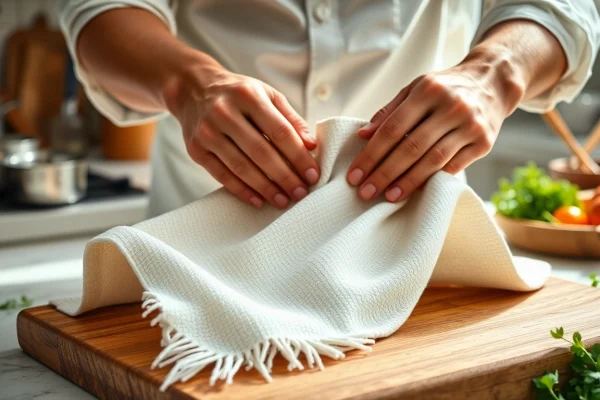 Gebruik van een kaasdoek met vers ingrediënten in een sfeervolle keuken.