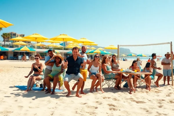 Group enjoying diverse activities on a beach, embodying Living in Cabo as an expat experience.