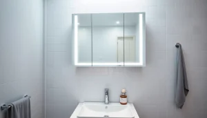 Ändern Sie den sonni Spiegelschrank im modernen Badezimmerstil mit eleganter Beleuchtung.