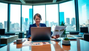 Real Estate agent reviewing listings in a bright modern office with city views.
