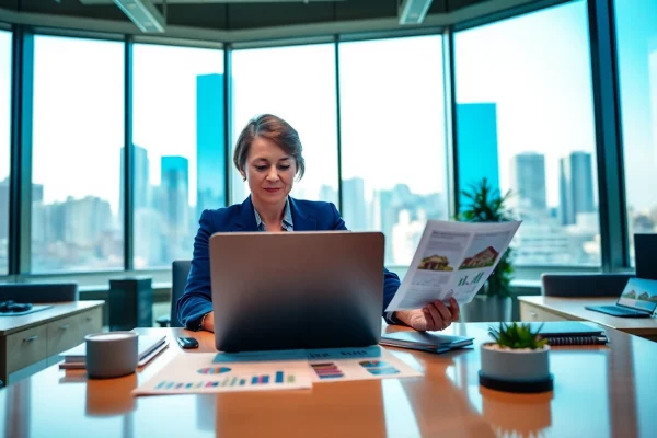 Real Estate agent reviewing listings in a bright modern office with city views.