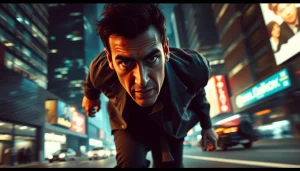 Engaging visual of a fast-paced thriller chase scene, highlighting urgency and suspense in a cityscape.