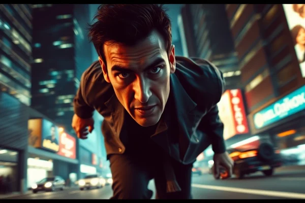 Engaging visual of a fast-paced thriller chase scene, highlighting urgency and suspense in a cityscape.