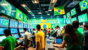 Bettors engaged in a lively Brazilian sportsbook, showcasing the best sportsbooks in Brazil and vibrant sports culture.