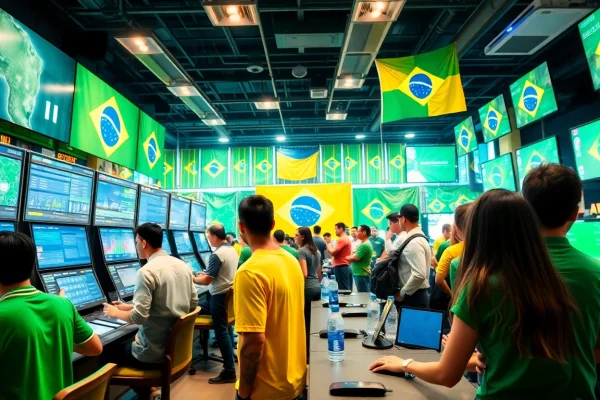Bettors engaged in a lively Brazilian sportsbook, showcasing the best sportsbooks in Brazil and vibrant sports culture.