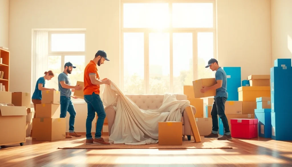 Efficient Toronto moving services capturing professional movers packing furniture thoughtfully.