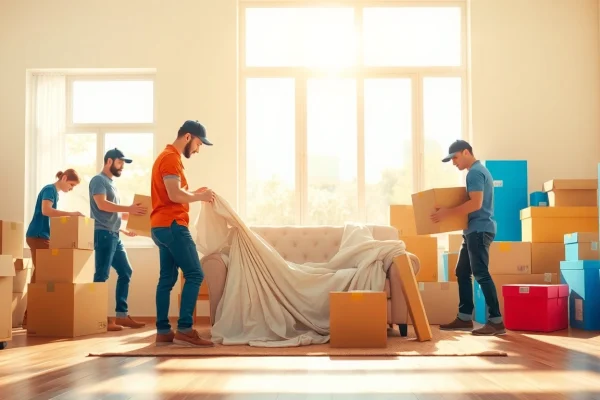 Efficient Toronto moving services capturing professional movers packing furniture thoughtfully.