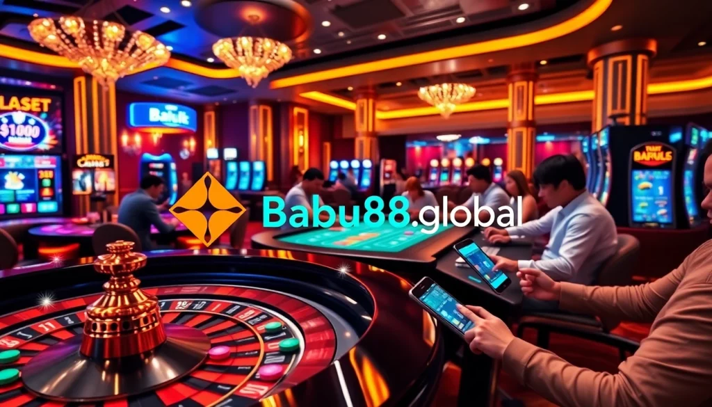 Players enjoying gambling at Babu88.global casino with poker chips and roulette wheel