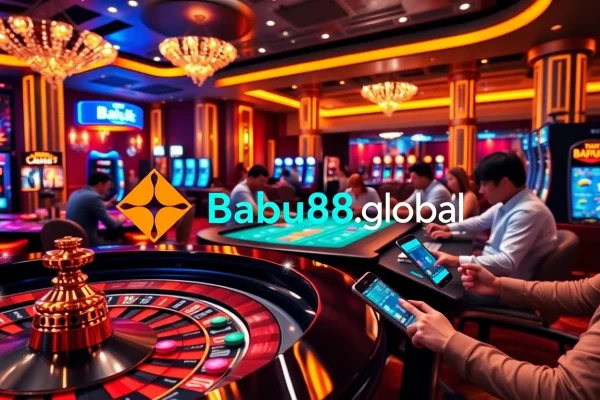 Players enjoying gambling at Babu88.global casino with poker chips and roulette wheel