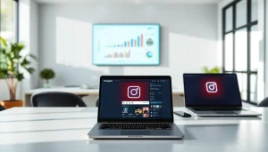 Visualize an Instagram smm panel in a bright digital marketing workspace representing analytics.