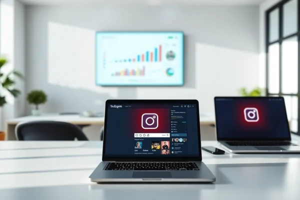 Visualize an Instagram smm panel in a bright digital marketing workspace representing analytics.
