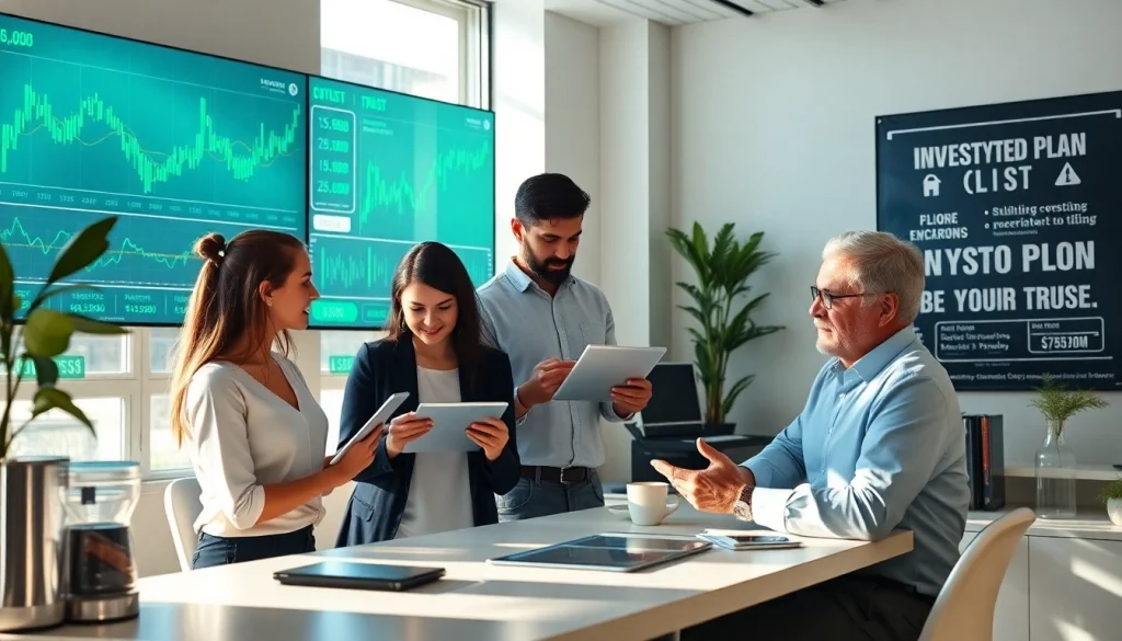 People discussing an easy crypto plan in a modern office setting, showcasing innovative financial strategies.