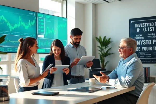 People discussing an easy crypto plan in a modern office setting, showcasing innovative financial strategies.