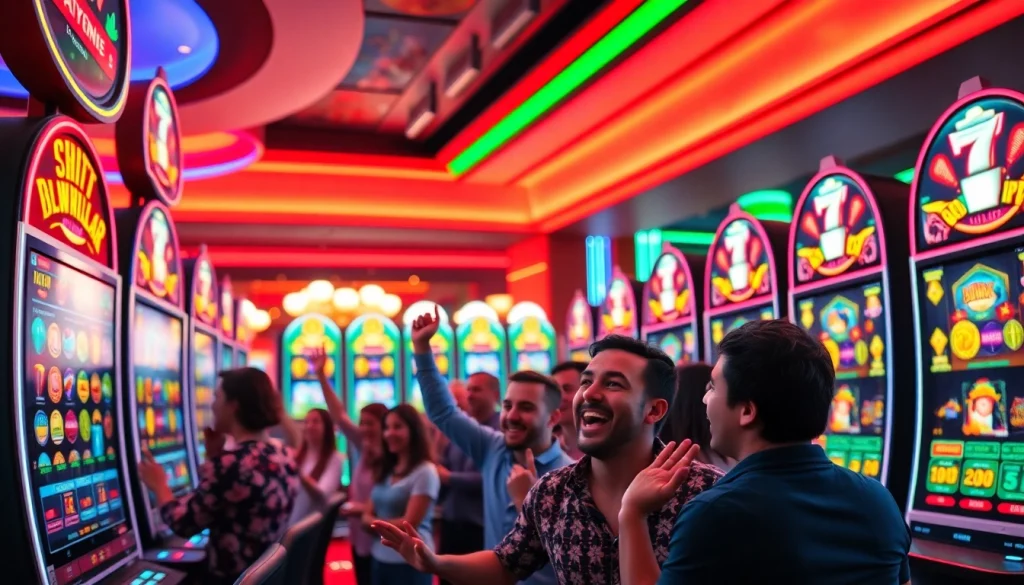 Bermain slot pulsa dengan keramaian dan suasana gembira di kasino online.