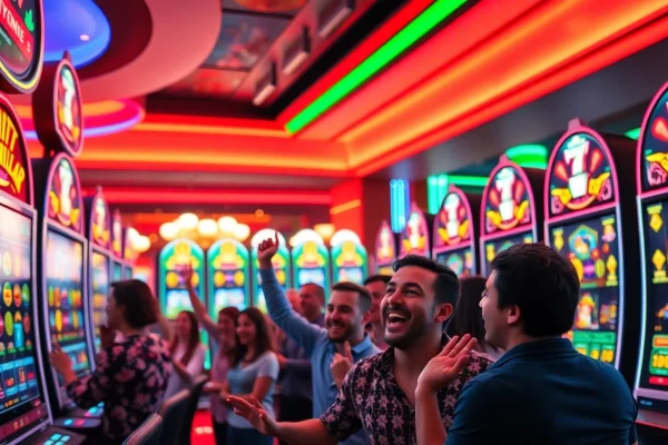 Bermain slot pulsa dengan keramaian dan suasana gembira di kasino online.