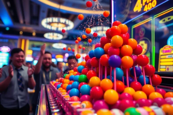 Menggembirakan pengalaman bermain plink slot dengan bola berwarna-warni yang jatuh dari piramida.