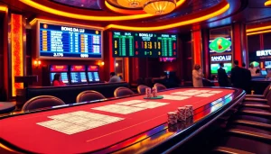 Place your bets at the Bong da lu table with live scores and betting slips in a luxurious casino setting.