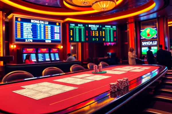 Place your bets at the Bong da lu table with live scores and betting slips in a luxurious casino setting.