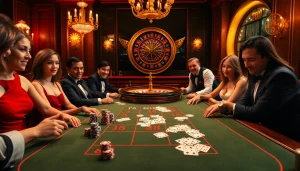 Experience thrilling Baccarat action at https://jun88buzz.info/ with players and luxury casino setting.