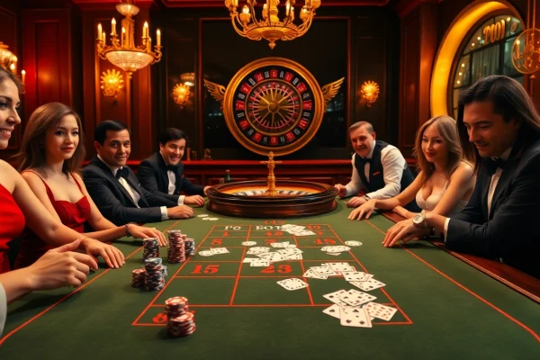 Experience thrilling Baccarat action at https://jun88buzz.info/ with players and luxury casino setting.