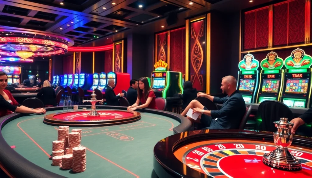 Experience high-stakes gaming at SHBET, featuring roulette and poker tables in a luxurious casino setting.