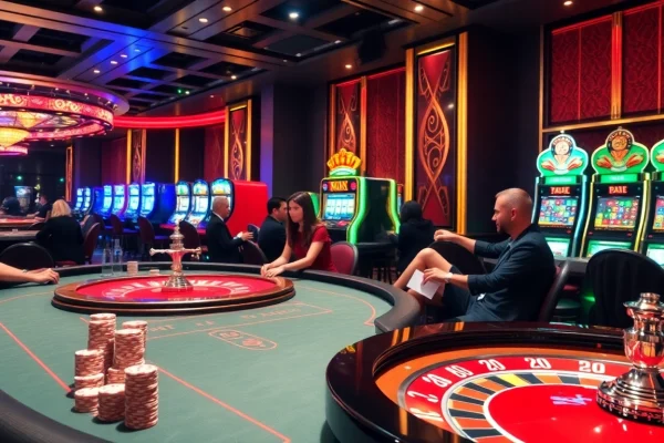 Experience high-stakes gaming at SHBET, featuring roulette and poker tables in a luxurious casino setting.