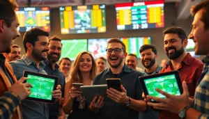 Excited individuals analyzing sportsbooks in South Carolina during a sports betting session.
