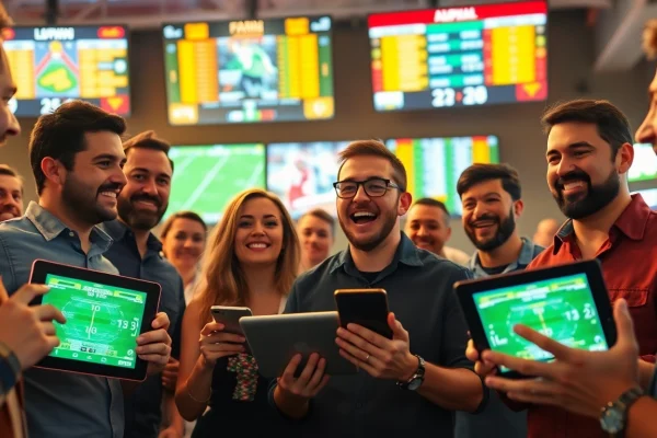 Excited individuals analyzing sportsbooks in South Carolina during a sports betting session.
