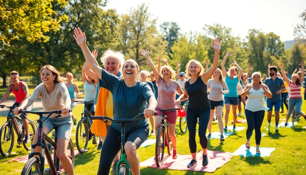Healthspan-focused individuals enjoying active lifestyles in a vibrant park setting.