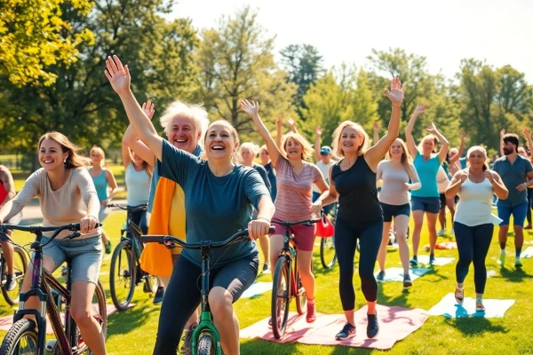 Healthspan-focused individuals enjoying active lifestyles in a vibrant park setting.