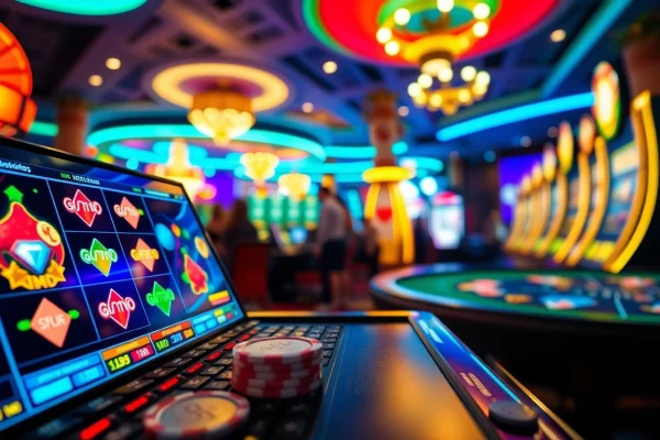 Engaging scene of Canada casinos online showcasing vibrant gaming with digital slots and energetic atmosphere.