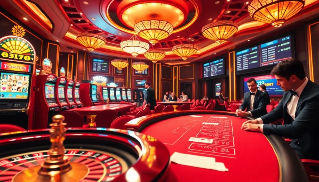 Engaging scene at https://f8bet.dental/ showing gamblers at a luxurious casino filled with vibrant tables and slot machines.