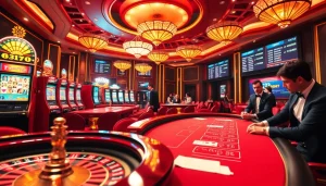 Engaging scene at https://f8bet.dental/ showing gamblers at a luxurious casino filled with vibrant tables and slot machines.