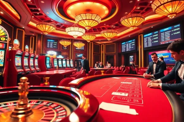 Engaging scene at https://f8bet.dental/ showing gamblers at a luxurious casino filled with vibrant tables and slot machines.