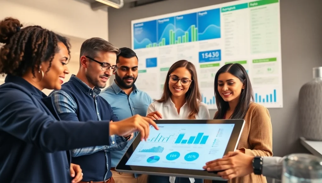 Analyzing competitor pricing strategies with a diverse team in a bright, modern office.