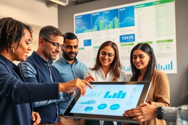 Analyzing competitor pricing strategies with a diverse team in a bright, modern office.