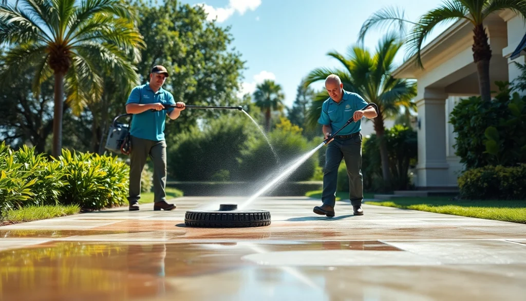 Concrete cleaning team revitalizing a driveway in Kissimmee, FL using high-pressure washing equipment.