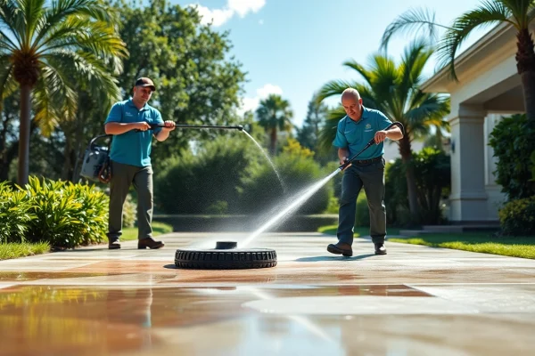 Concrete cleaning team revitalizing a driveway in Kissimmee, FL using high-pressure washing equipment.