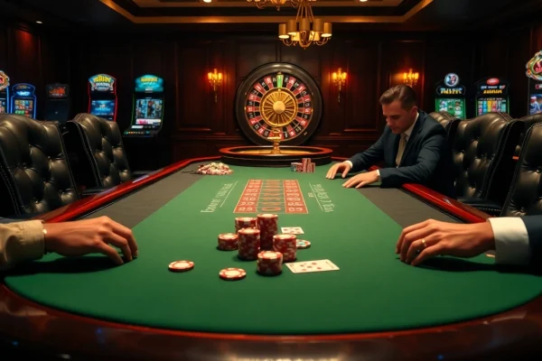 Engaging poker game scene at ta88 club showcasing chips, cards, and a roulette wheel with a luxurious ambiance.