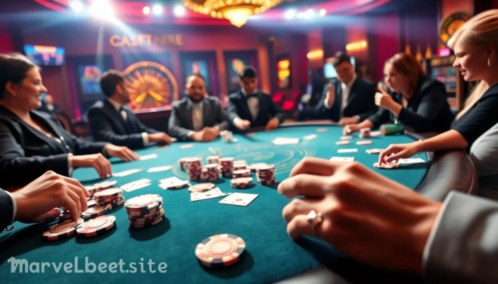 Players enjoying poker at Marvelbet.site, showcasing thrilling gameplay and professional dealers.