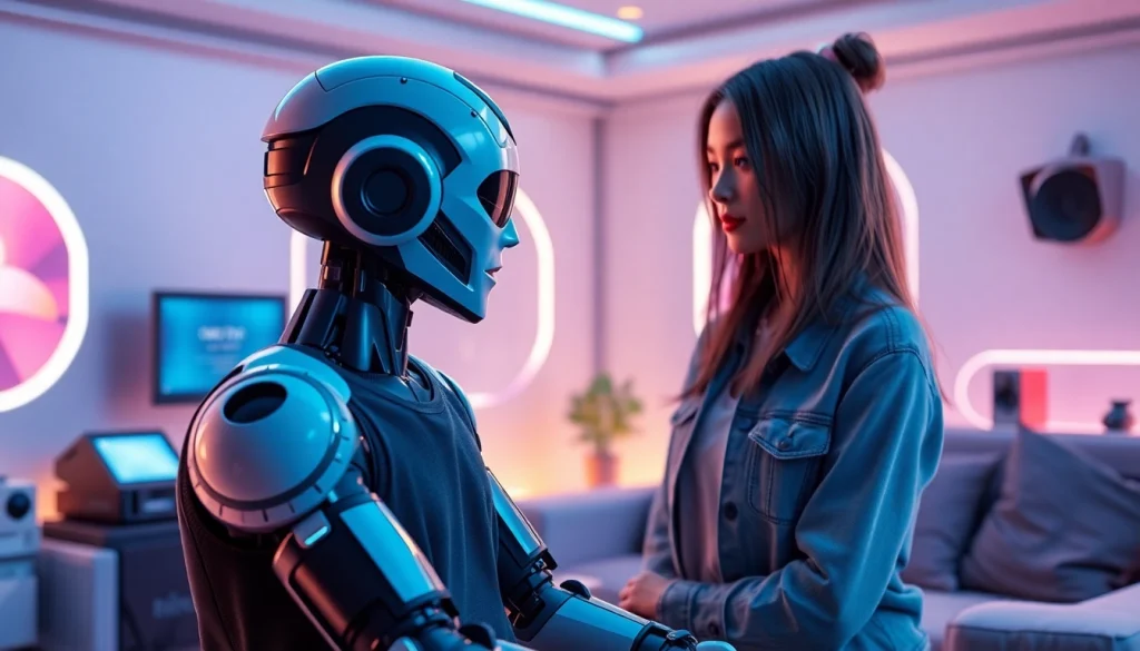 Engaging moment with an AI sex bot in a cozy, futuristic room emphasizing emotional connection.