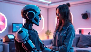 Engaging moment with an AI sex bot in a cozy, futuristic room emphasizing emotional connection.
