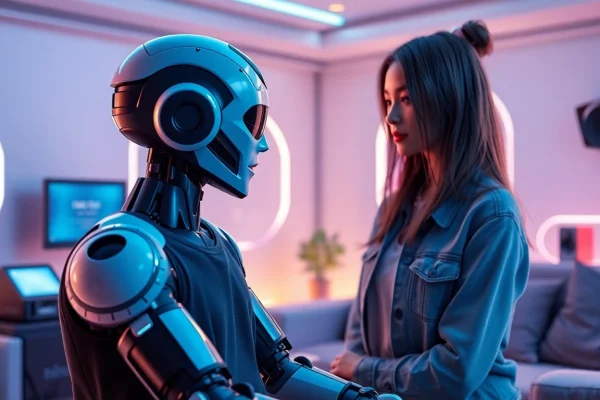 Engaging moment with an AI sex bot in a cozy, futuristic room emphasizing emotional connection.